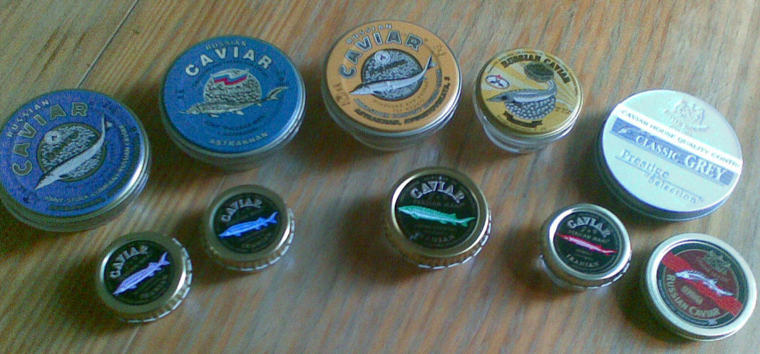 Russian and Iranian caviar tins, beluga, osetra and sevruga (Wikimedia Commons).