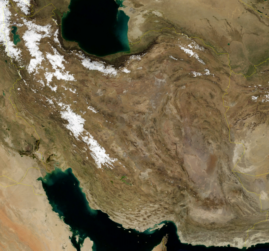 Iran, satellite view (NASA and Wikimedia Commons).