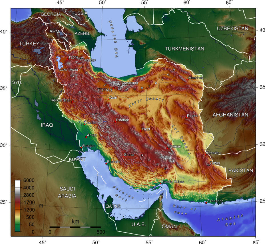 Iran topographic map from Wikimedia Commons.