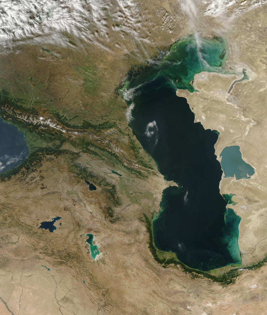 Caspian Sea with eastern edge of Black Sea on left and Kara Bogaz Gol on right. Lake Urmia (= Orumiyeh ) is at the lower left (turquoise) and Lake Van in Turkey lies to its west. Lake Sevan in Armenia is to the north of Orumiyeh. From NASA and Wikimedia Commons.