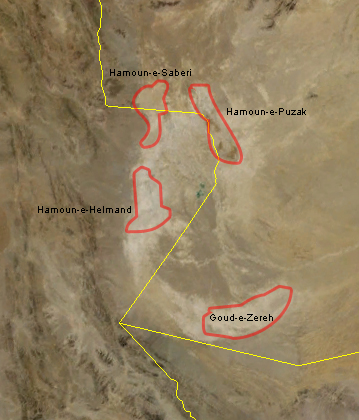 Sistan lakes from NASA and Wikimedia Commons.